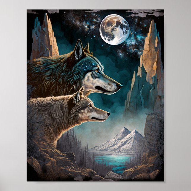 Wolves Full Moon Fantasy Landscape Poster (Front)