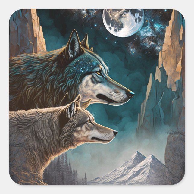 Wolves Full Moon Fantasy Landscape Square Sticker (Front)