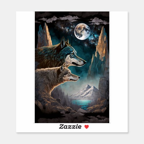 Wolves Full Moon Fantasy Landscape Sticker
