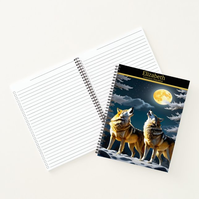 Wolves howl under a glowing moon notebook (Inside)
