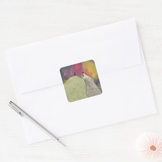 Wolves Howling Against a Galaxy Sky Square Sticker (Envelope)