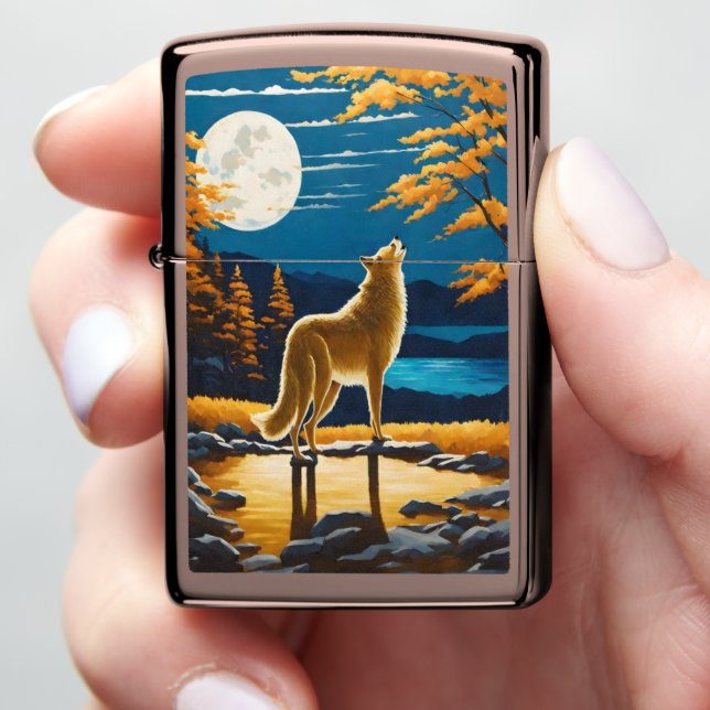 Wolves Howling at Full Moon During Sunset Zippo Lighter (In Hand)