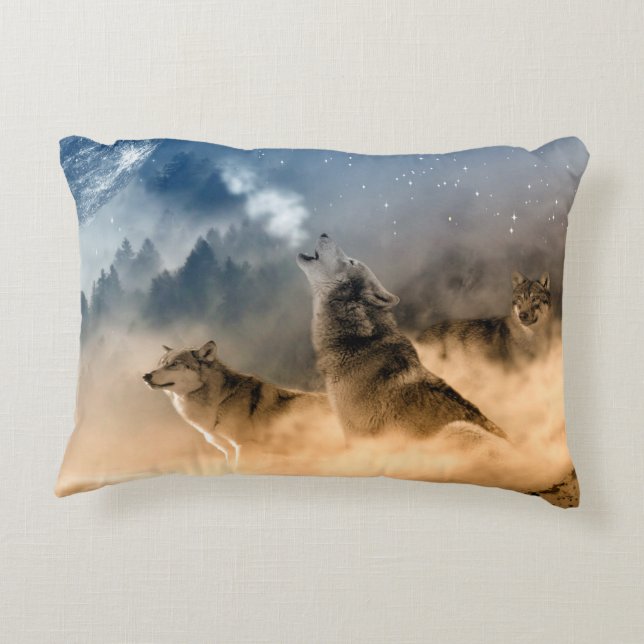 Wolves Howling at Moon Throw Pillow (Back)