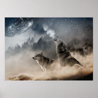 Wolves Howling At The full Moon Poster