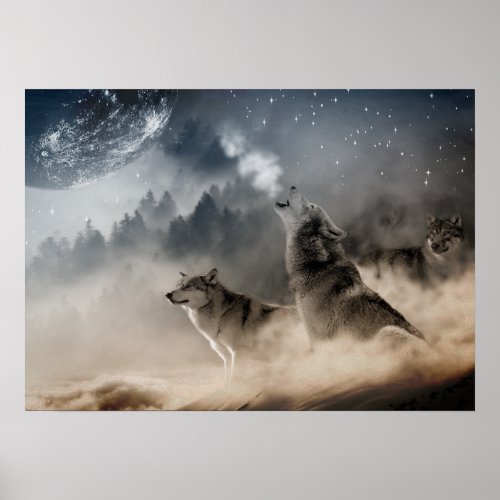 Wolves Howling At The full Moon Poster