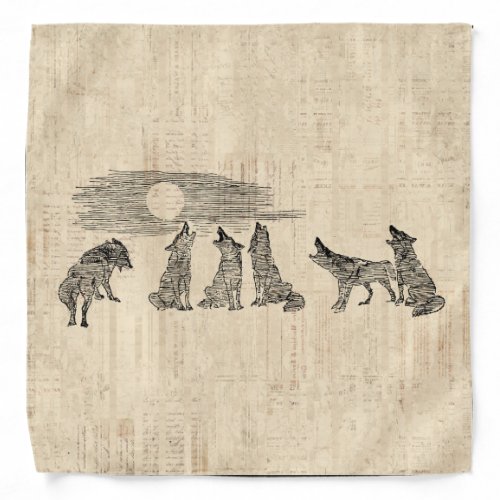 Wolves Howling at the Moon Vintage Wolf Art Bandana