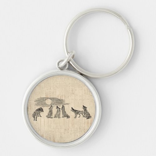Wolves Howling at the Moon Vintage Wolf Art Keychain