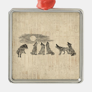 Wolves Howling at the Moon Vintage Wolf Art Metal Ornament