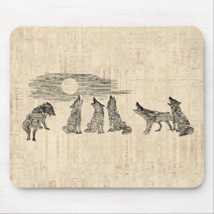 Wolves Howling at the Moon Vintage Wolf Art Mouse Pad
