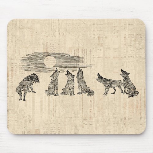 Wolves Howling at the Moon Vintage Wolf Art Mouse Pad