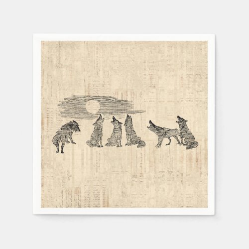 Wolves Howling at the Moon Vintage Wolf Art Napkins