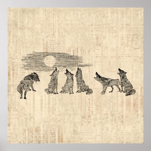Wolves Howling at the Moon Vintage Wolf Art Poster