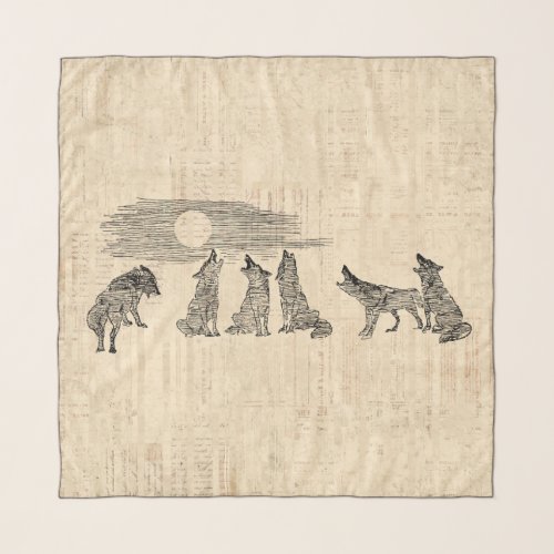 Wolves Howling at the Moon Vintage Wolf Art Scarf