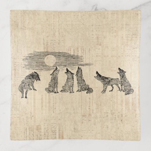 Wolves Howling at the Moon Vintage Wolf Art Trinket Tray