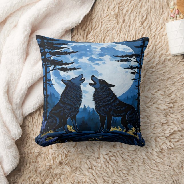 Wolves Howling Under a Full Moon at Night Throw Pillow (Blanket)