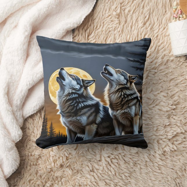Wolves Howling Under a Full Moon at Twilight Throw Pillow (Blanket)