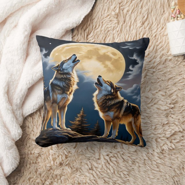 Wolves Howling Under A Full Moon In The Forest Throw Pillow (Blanket)