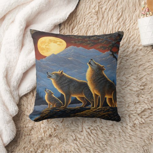 Wolves Howling Under a Full Moon Throw Pillow