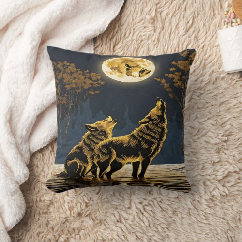 Wolves Howling Under a Golden Moonlit Sky Throw Pillow