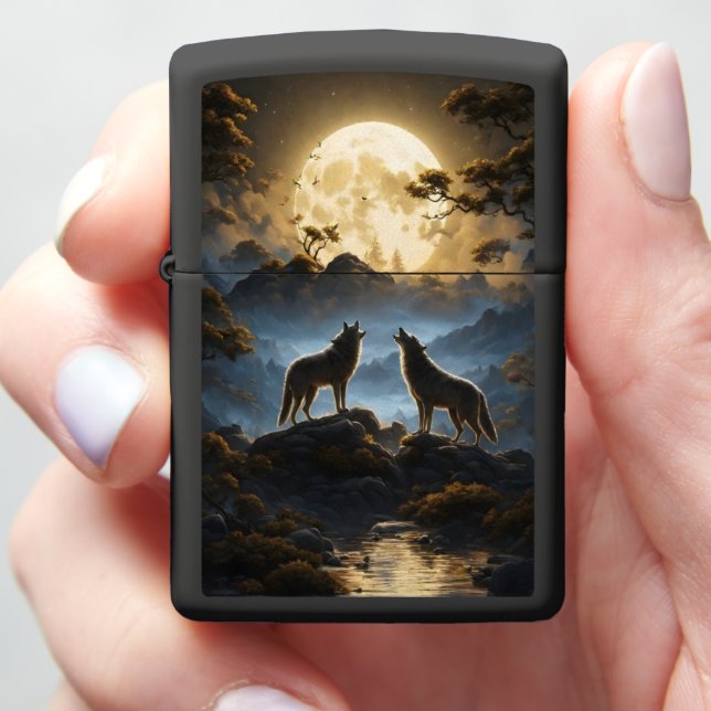Wolves Howling Under Bright Full Moon Zippo Lighter (In Hand)