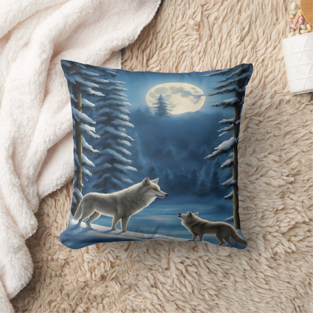 Wolves Howling Under Full Moon.  Throw Pillow (Blanket)