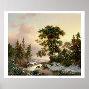 Wolves in a Winter Landscape (oil on panel) Poster