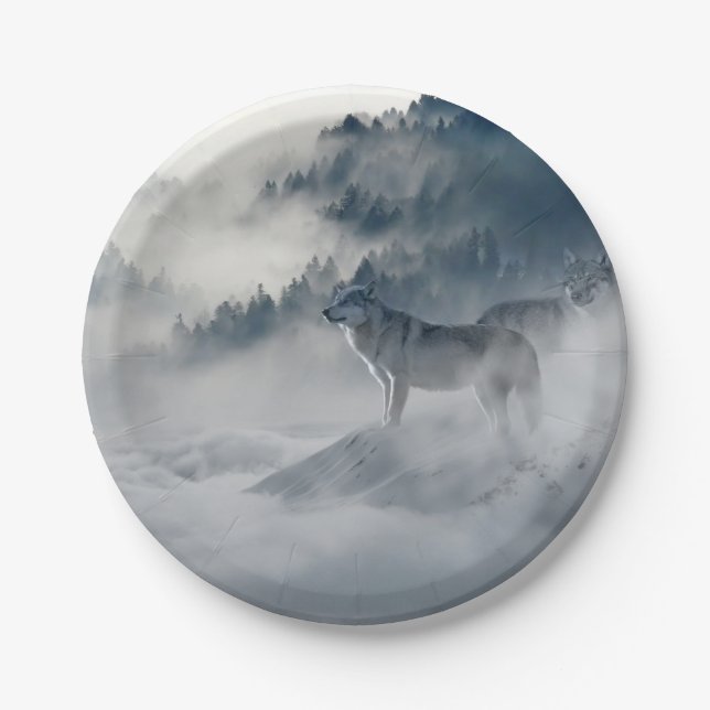 Wolves in a Winter Landscape Paper Plates (Front)