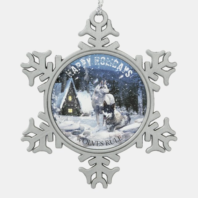 Wolves in Fairytale Snowy Winter Night Scene - Snowflake Pewter Christmas Ornament (Front)