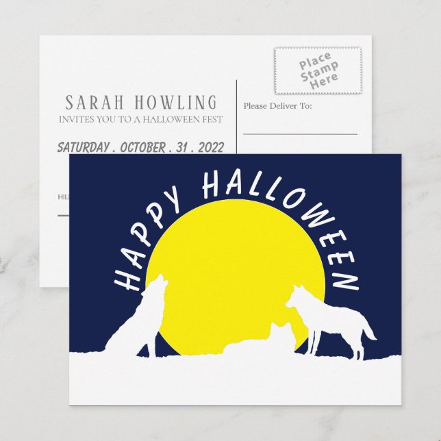 Wolves in Moonlight, Halloween Party Invitation Postcard (Front/Back)