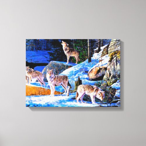 Wolves in snow painting canvas print