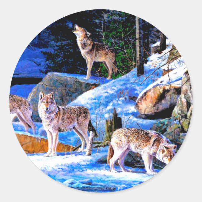 Wolves in snow painting classic round sticker (Front)