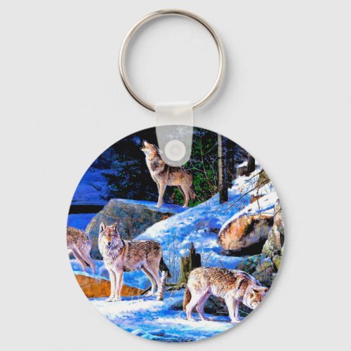 Wolves in snow painting keychain
