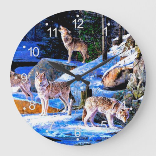 Wolves in snow painting large clock