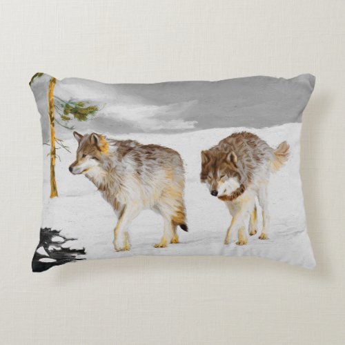 Wolves in Snow Painting _ Original Wildlife Art Accent Pillow