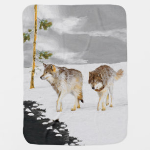 Wolves in Snow Painting - Original Wildlife Art Baby Blanket