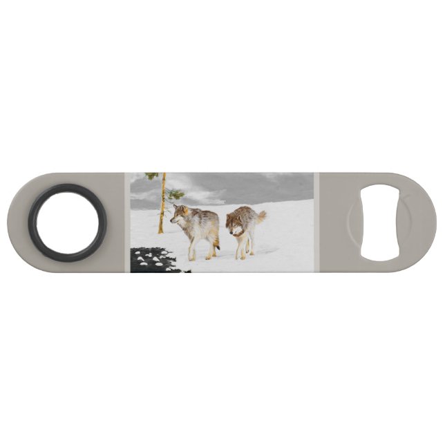 Wolves in Snow Painting - Original Wildlife Art Bar Key (Front (Horizontal))