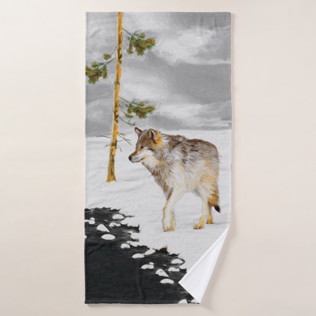 Wolves in Snow Painting - Original Wildlife Art Bath Towel Set (Bath Towel)