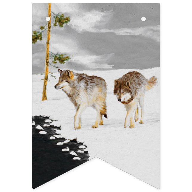 Wolves in Snow Painting - Original Wildlife Art Bunting Flags (First Flag)