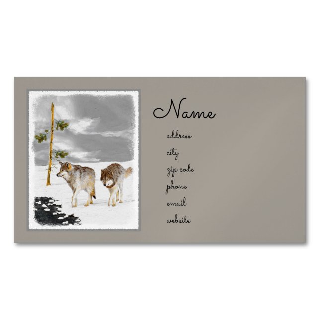 Wolves in Snow Painting - Original Wildlife Art Business Card Magnet (Front)
