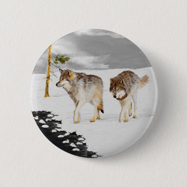 Wolves in Snow Painting - Original Wildlife Art Button (Front)
