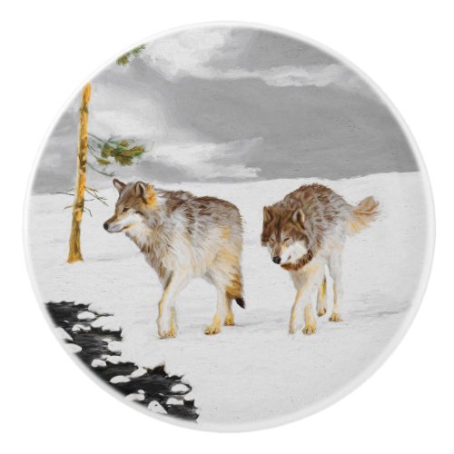 Wolves in Snow Painting _ Original Wildlife Art Ceramic Knob