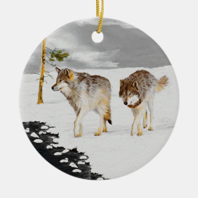 Wolves in Snow Painting - Original Wildlife Art Ceramic Ornament (Front)