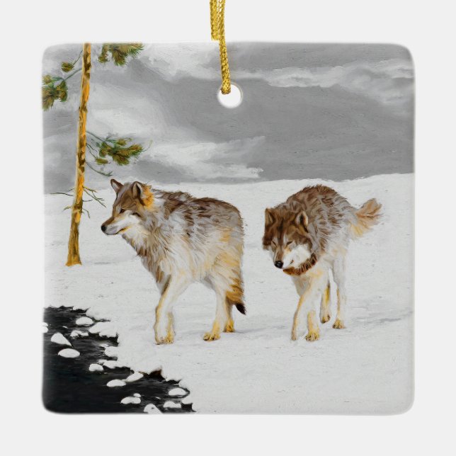 Wolves in Snow Painting - Original Wildlife Art Ceramic Ornament (Front)