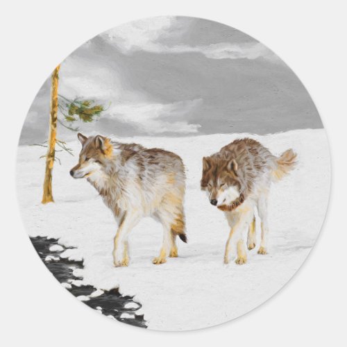 Wolves in Snow Painting _ Original Wildlife Art Classic Round Sticker