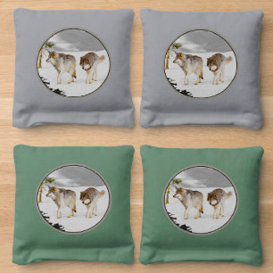 Wolves in Snow Painting - Original Wildlife Art Cornhole Bags