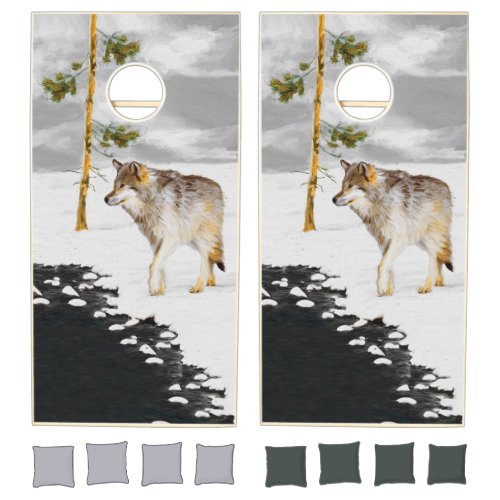 Wolves in Snow Painting _ Original Wildlife Art Cornhole Set