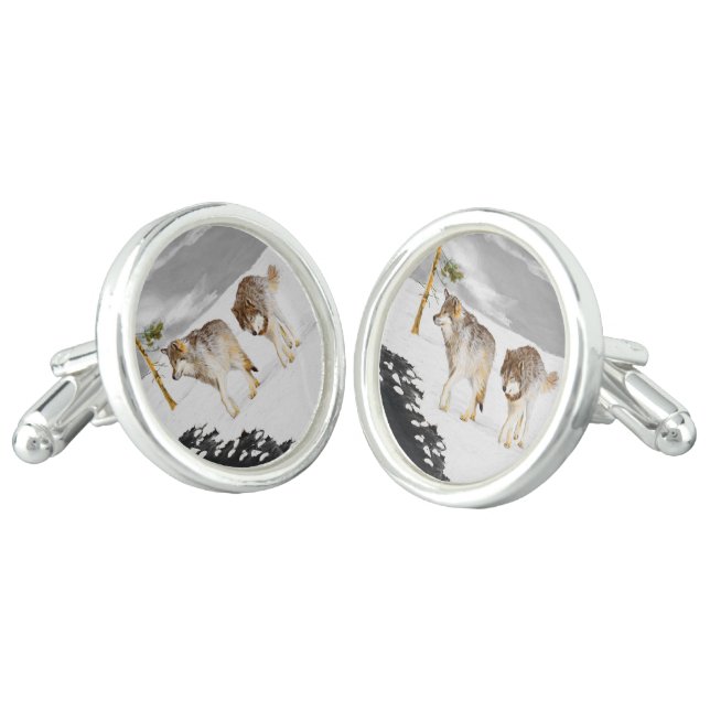 Wolves in Snow Painting - Original Wildlife Art Cufflinks (Angled)