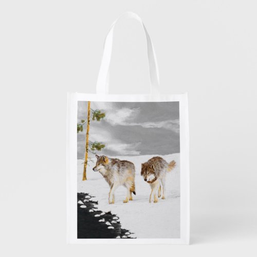 Wolves in Snow Painting _ Original Wildlife Art Grocery Bag