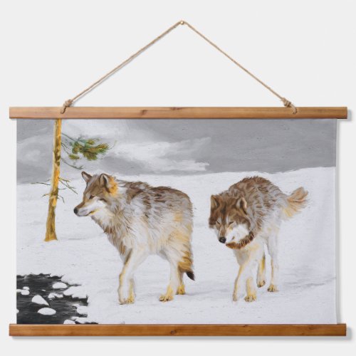 Wolves in Snow Painting _ Original Wildlife Art Hanging Tapestry