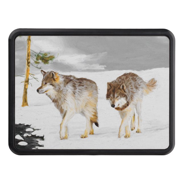 Wolves in Snow Painting - Original Wildlife Art Hitch Cover (Front)